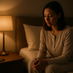 Photorealistic calm bedroom scene at night with a phone placed face down on a bedside table, warm lamp light, and a relaxed adult winding down before sleep