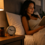 Photorealistic calm bedroom scene at night with a warm bedside lamp, unbranded amber supplement bottle, glass of water, analog clock, and an adult reading quietly before sleep